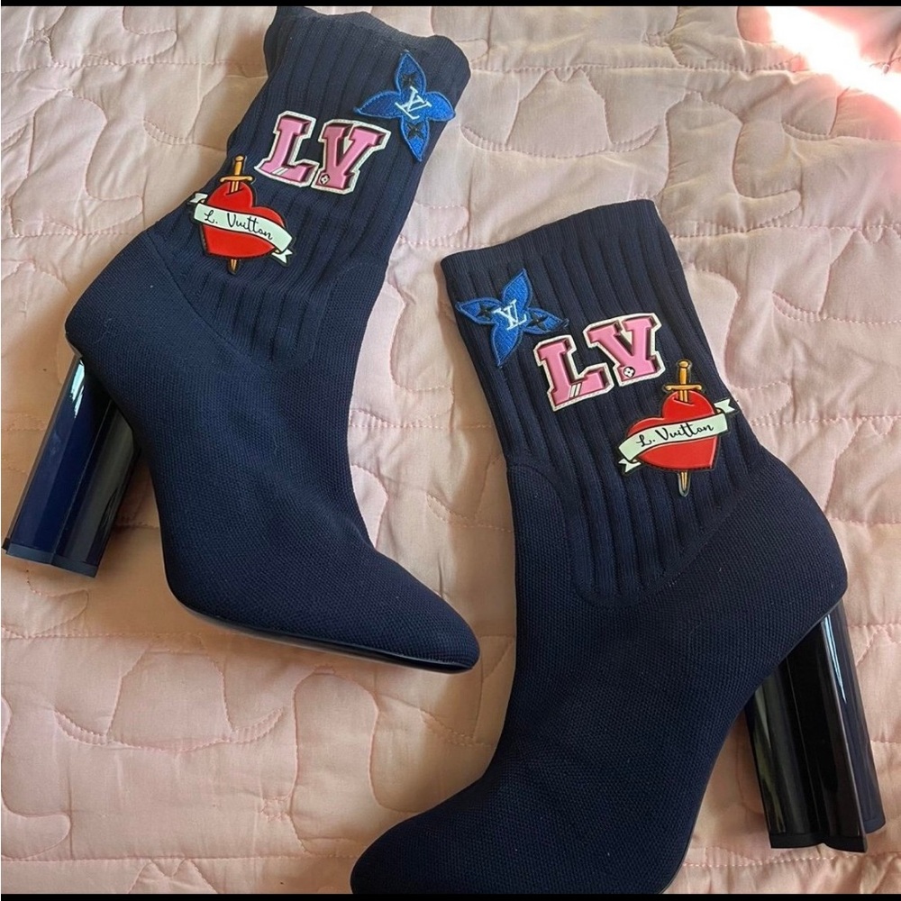 Louis Vuitton Navy Blue Heeled Boots with Embellishments